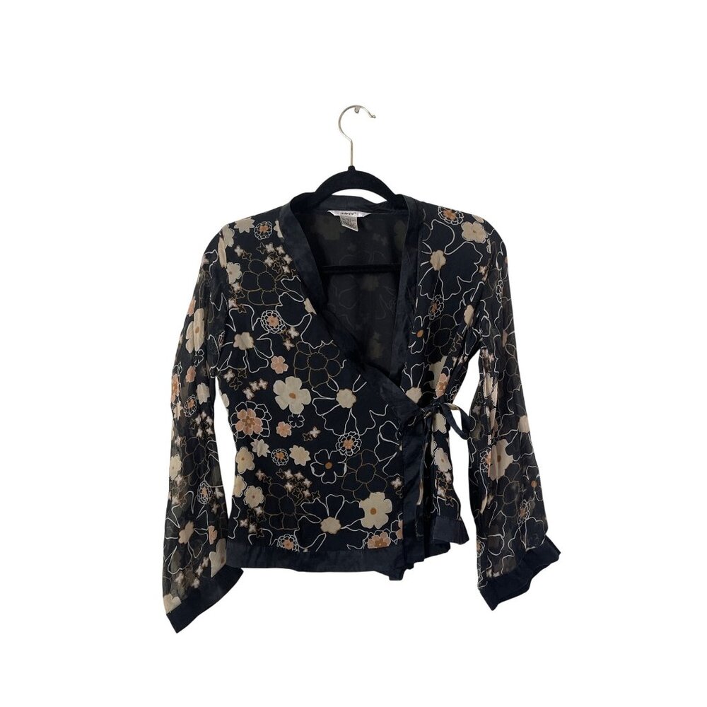 VTG Edwards Floral Y2k Grunge 100% Silk‎ 90s Bow Tie Long Sleeve Top